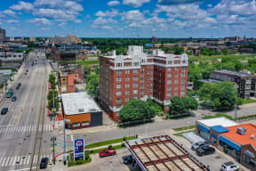 an aerial view of a building in the city