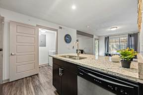 A kitchen with a black dishwasher and a sink.