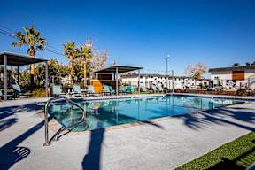 a swimming pool with lounge chairs and palm trees in the background