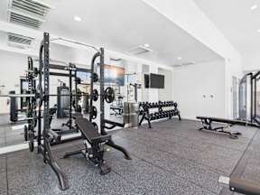 A gym with a variety of equipment including a squat rack, bench, and weights.