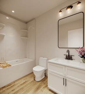 A white bathroom with a wooden floor and a white toilet.