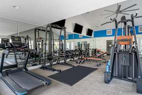 A gym with a variety of equipment including treadmills, weights, and a fan.