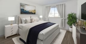 a white bedroom with a bed and a window