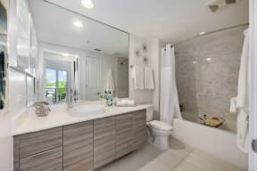 a bathroom with a large mirror and a sink and a toilet