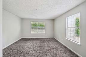 A room with a carpeted floor and two windows with blinds.