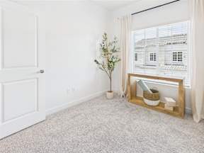 A room with a door, a plant, a basket, and a picture frame on the window sill.