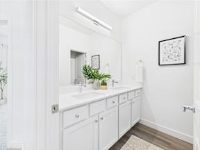 A bathroom with white cabinets and a plant on the counter.