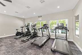 A spacious gym with treadmills and elliptical machines.