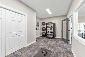 A room with a white door and a grey carpet.