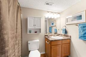 A bathroom with a toilet, sink, and mirror.