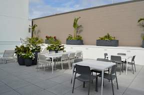 A patio with tables and chairs and potted plants.