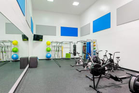 a gym with exercise equipment and weights on the wall