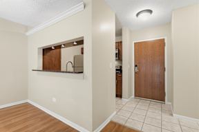 A hallway with a brown door and a mirror on the wall.