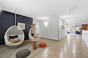 A room with two hanging chairs and a rug.