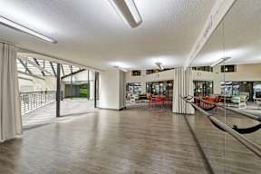 A spacious room with wooden floors and a long mirror on the wall.