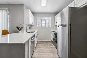 A modern kitchen with a large refrigerator and a countertop with a plant on it.