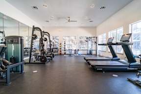 two treadmills and other exercise equipment in a gym with windows