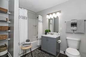 a bathroom with a toilet sink and shower and a mirror