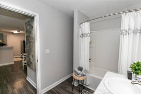 a bathroom with a shower and a sink and a mirror