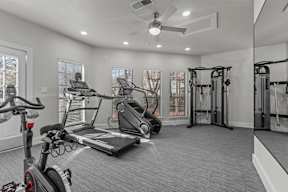 A spacious home gym with a treadmill, stationary bike, and weightlifting equipment.