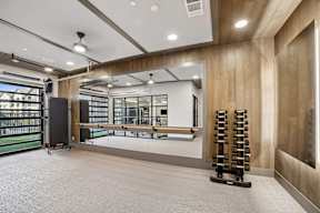 A gym with a weight rack and a mirror.