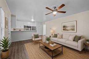 A living room with a couch, chair, and potted plant.