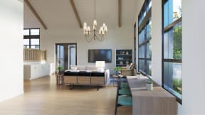 a living room filled with furniture and a large window