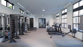 a gym with a lot of exercise equipment and windows
