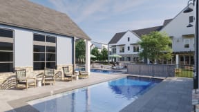 a swimming pool with chairs around it in front of a house