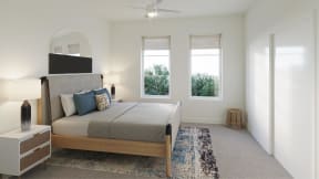 a bedroom with a bed and two windows