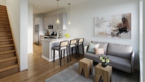 a living room and kitchen in an apartment