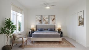 a bedroom with a bed and a ceiling fan
