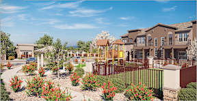 A residential area with houses and a playground.