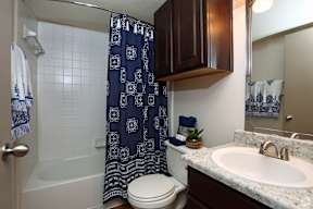 A bathroom with a white toilet, a white sink, and a blue shower curtain.