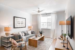 a living room with white walls and a gray couch