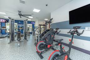 A gym with exercise equipment and a television on the wall.