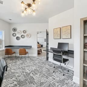A room with a black and white patterned carpet.