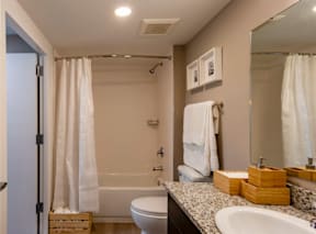 A bathroom with a white toilet, a sink, and a bathtub with a shower curtain.