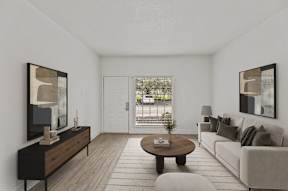 A modern living room with a wooden floor and white walls.