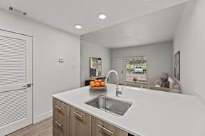 A modern kitchen with a white countertop and a silver sink.