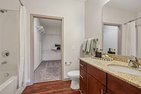 A bathroom with a toilet, sink, and mirror.