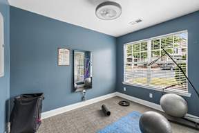 A room with blue walls and a window with blinds.