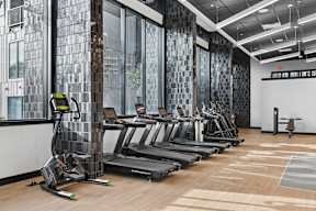 A gym with treadmills and elliptical machines.