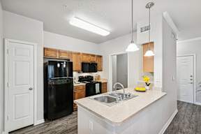 A kitchen with black appliances and wooden cabinets.