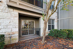 A tree is in front of a building entrance.