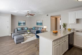 a living room with a kitchen and a couch