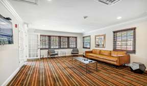 A living room with a striped carpet and a brown couch.