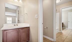 A bathroom with a sink and a mirror.