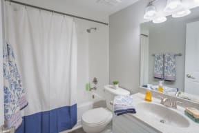 a bathroom with a shower and a sink and a toilet