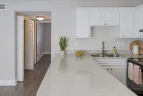 a kitchen with white cabinets and a white counter top
